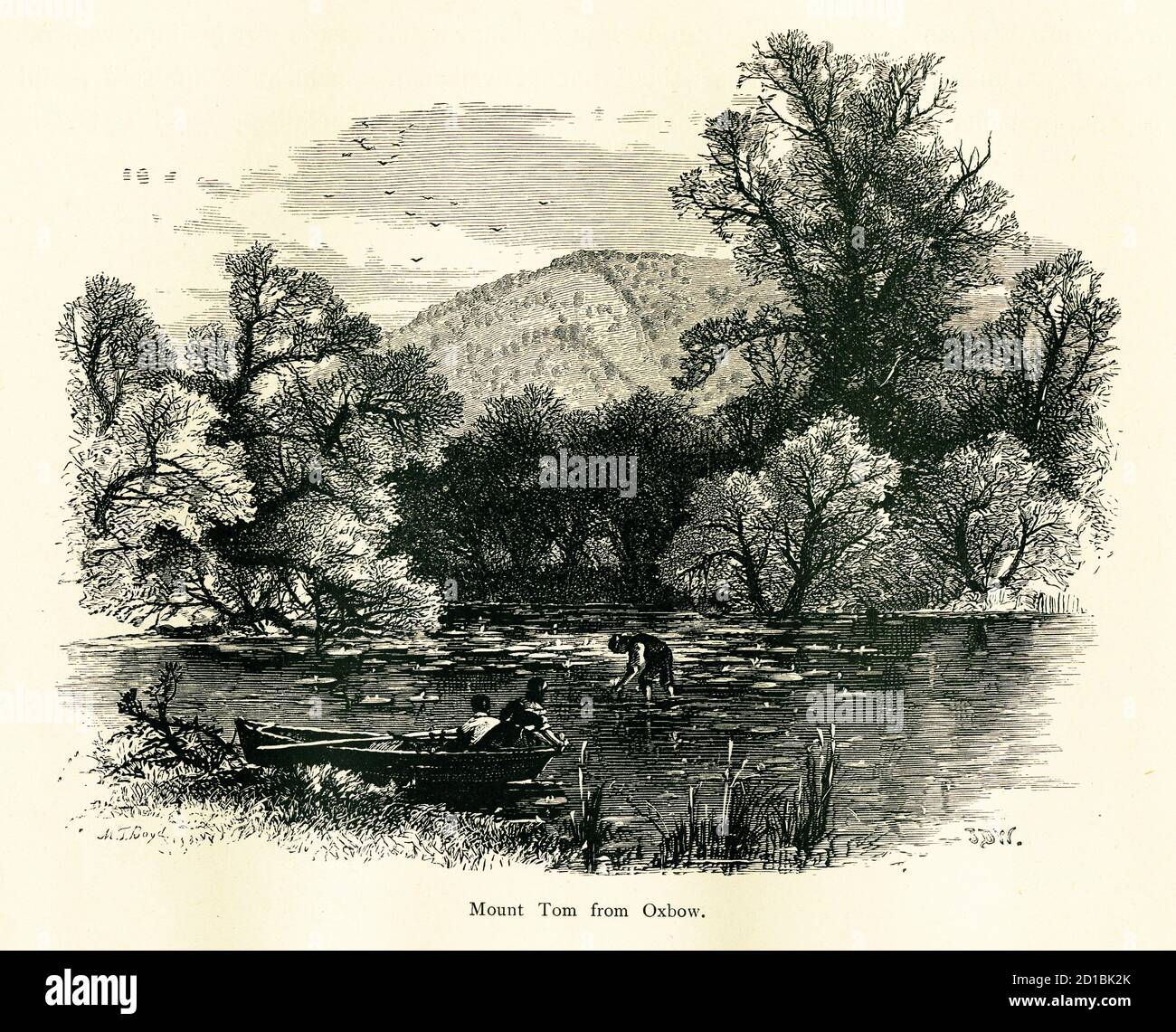 Illustration du XIXe siècle du mont Tom, un sommet de montagne sur la rive ouest de la rivière Connecticut, vue de l'Oxbow, Massachusetts, États-Unis. Gravure Banque D'Images