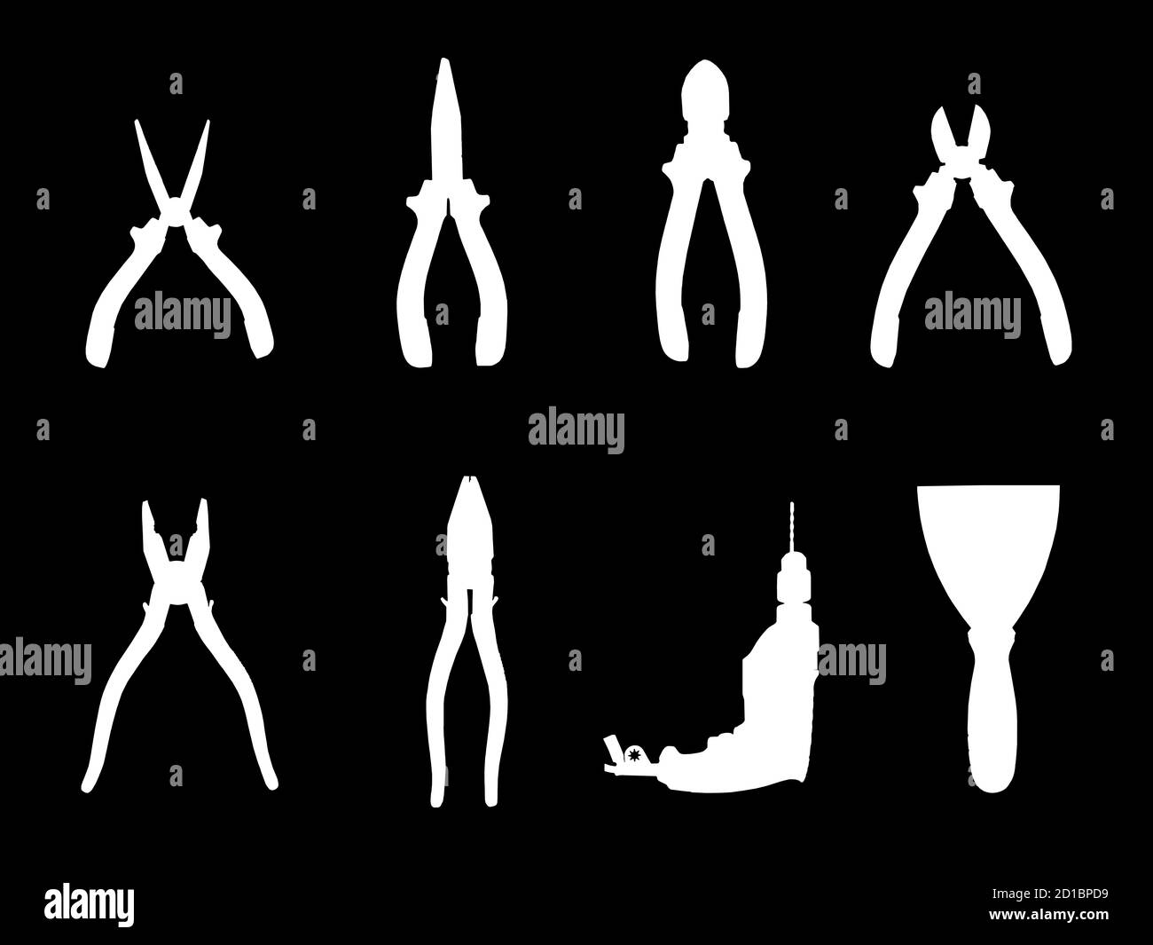 Illustration en noir et blanc - quelques objets et objets d'atelier sur fond noir [y compris queue de truelle, pince, perceuse, méchine de forage] Banque D'Images