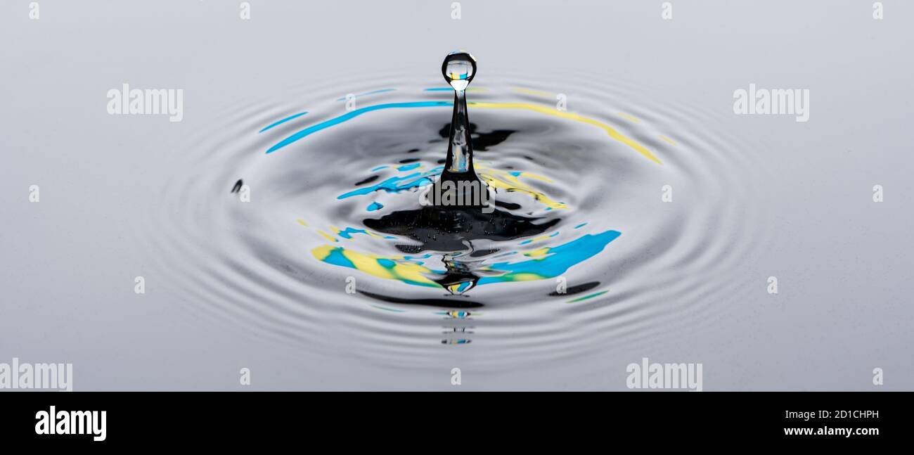 Laissez tomber la photographie dans un bassin d'eau avec système flash et des feuilles colorées. Banque D'Images