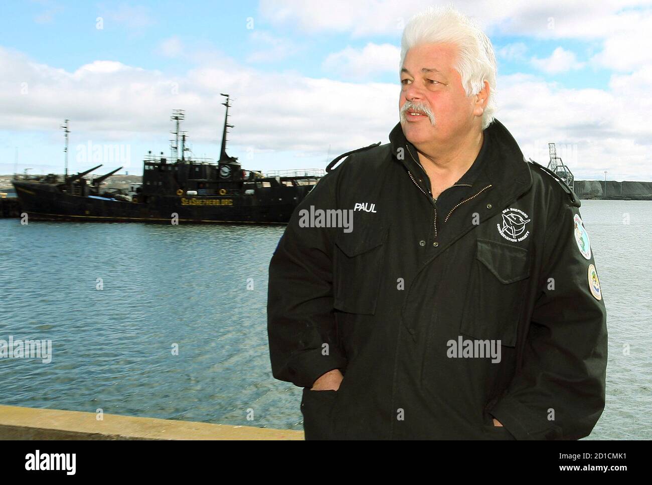 Paul Watson, head of the Sea Shepherd Conservation Society, stands on a  dock in front of his vessel, the Farley Mowat, in Sydney, Nova Scotia,  April 13, 2008. Canadian authorities on Saturday