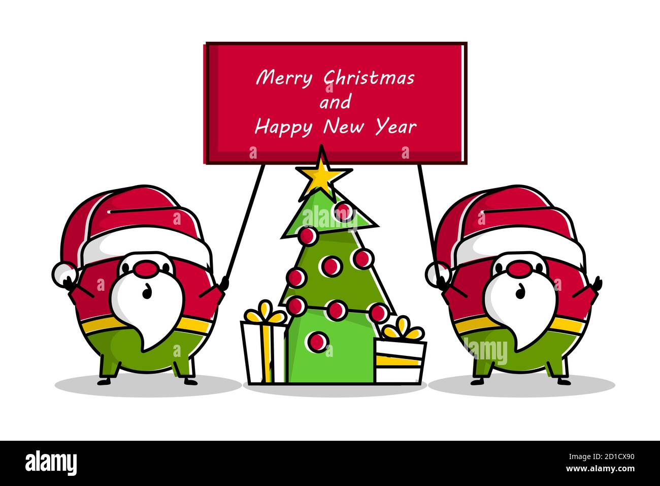 Deux dessins animés Santas Claus restent près de sapin Illustration de Vecteur