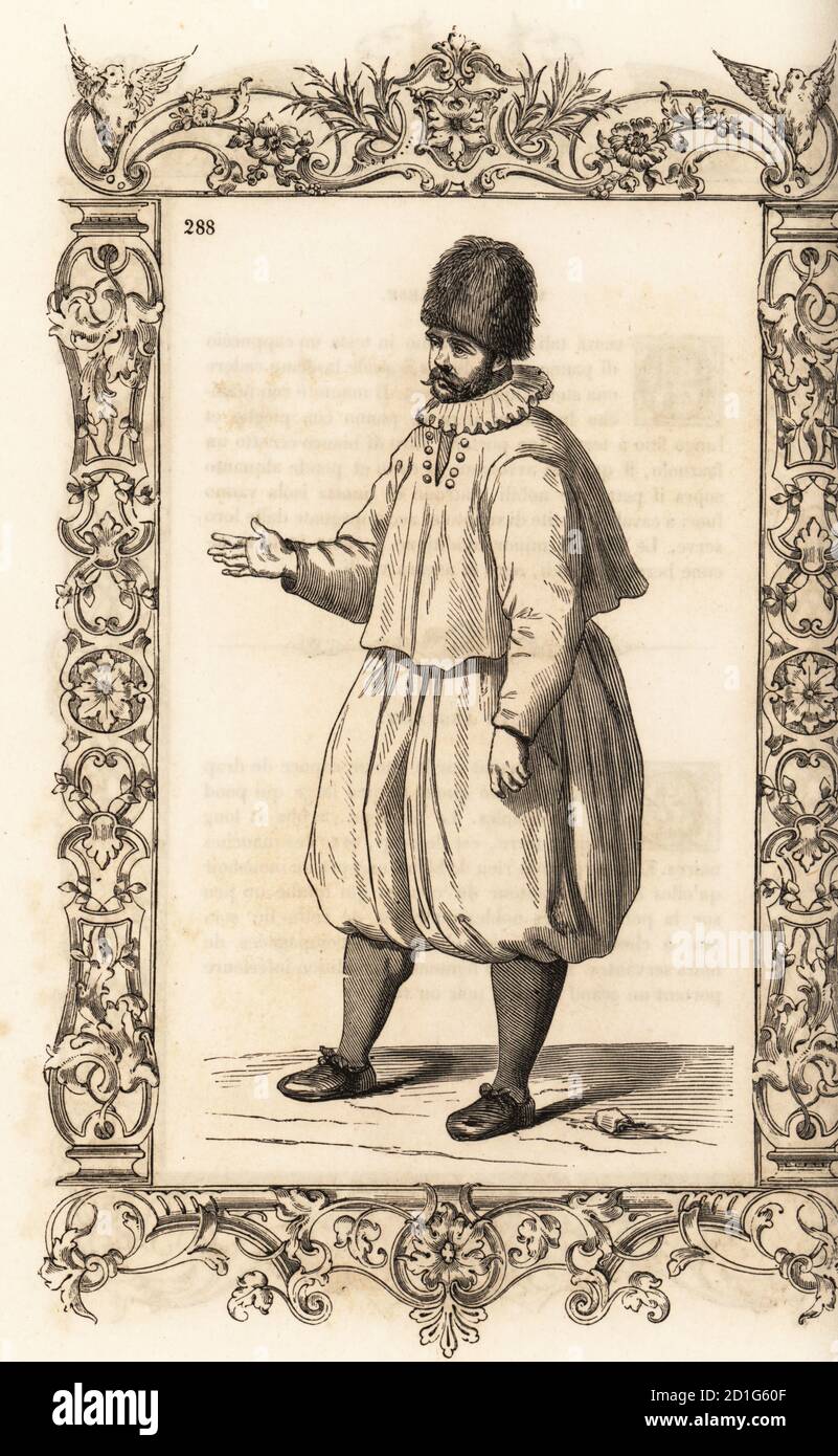 Marin anglais, XVIe siècle. Il porte un chapeau de fourrure, un col à  revers, une veste courte et une culotte large à revers. Marin Anglais. Dans  un cadre décoratif gravé par H.