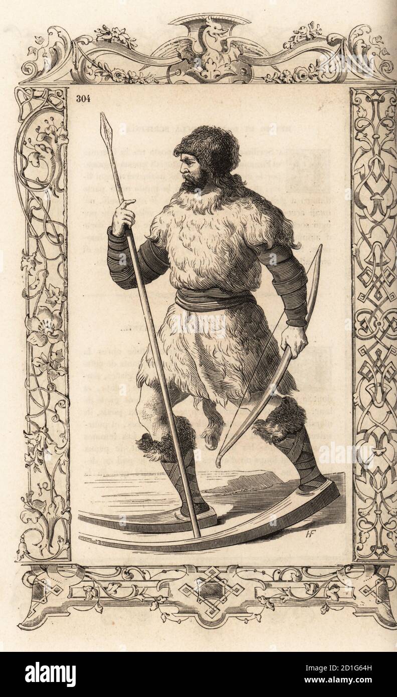 Homme du peuple Fenni ou Screrefennae (ski Finns). Il porte des vêtements  de peau d'animal, des manches de peau de cerf, porte un arc, des flèches et  des lance-pieds, et de longues