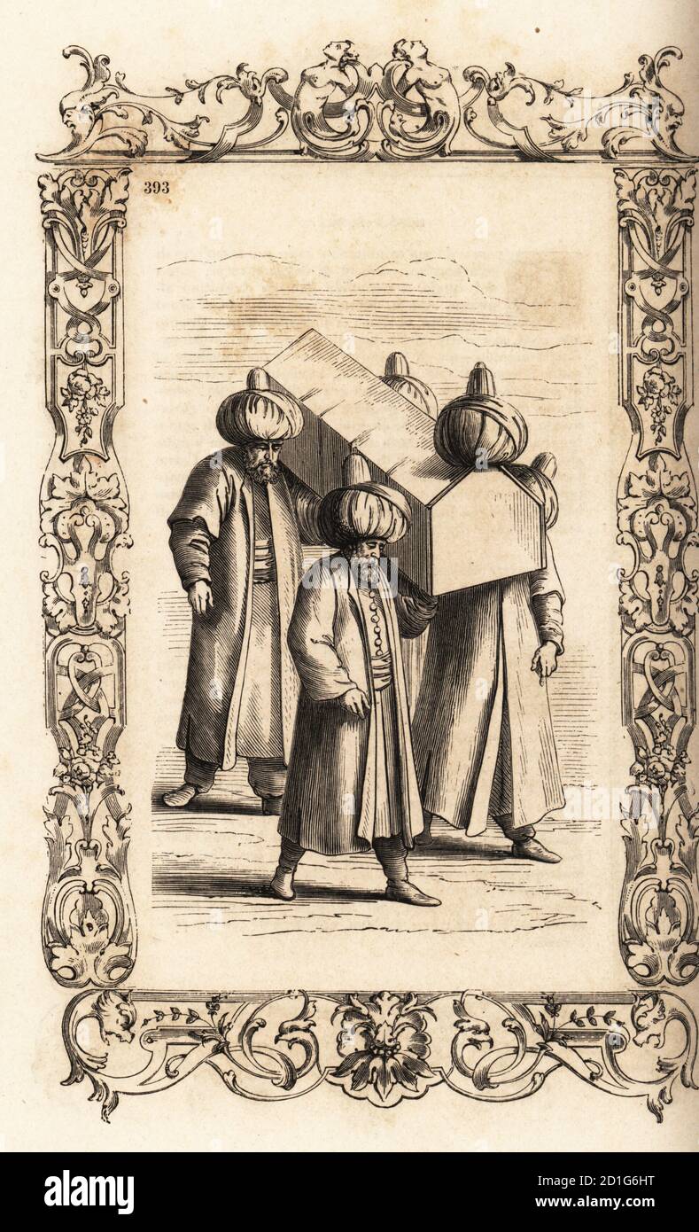 Rites funéraires turcs, Empire ottoman, XVIe siècle. Les musulmans imans portent le corps hors de la ville dans un cercueil avec une turban. Tour. Dans un cadre décoratif gravé par H. Catenacci et Fellmann. Gravure de blocs de bois par Gerard Seguin et E.F. Huyot d'après une coupe de bois de Christoph Krieger de Cesare Vecellio costumes anciens et modernes du XVIe siècle, Habiti antichi et moderni di tutto il mondo, Firman Didot Ferris fils, Paris, 1859-1860. Banque D'Images