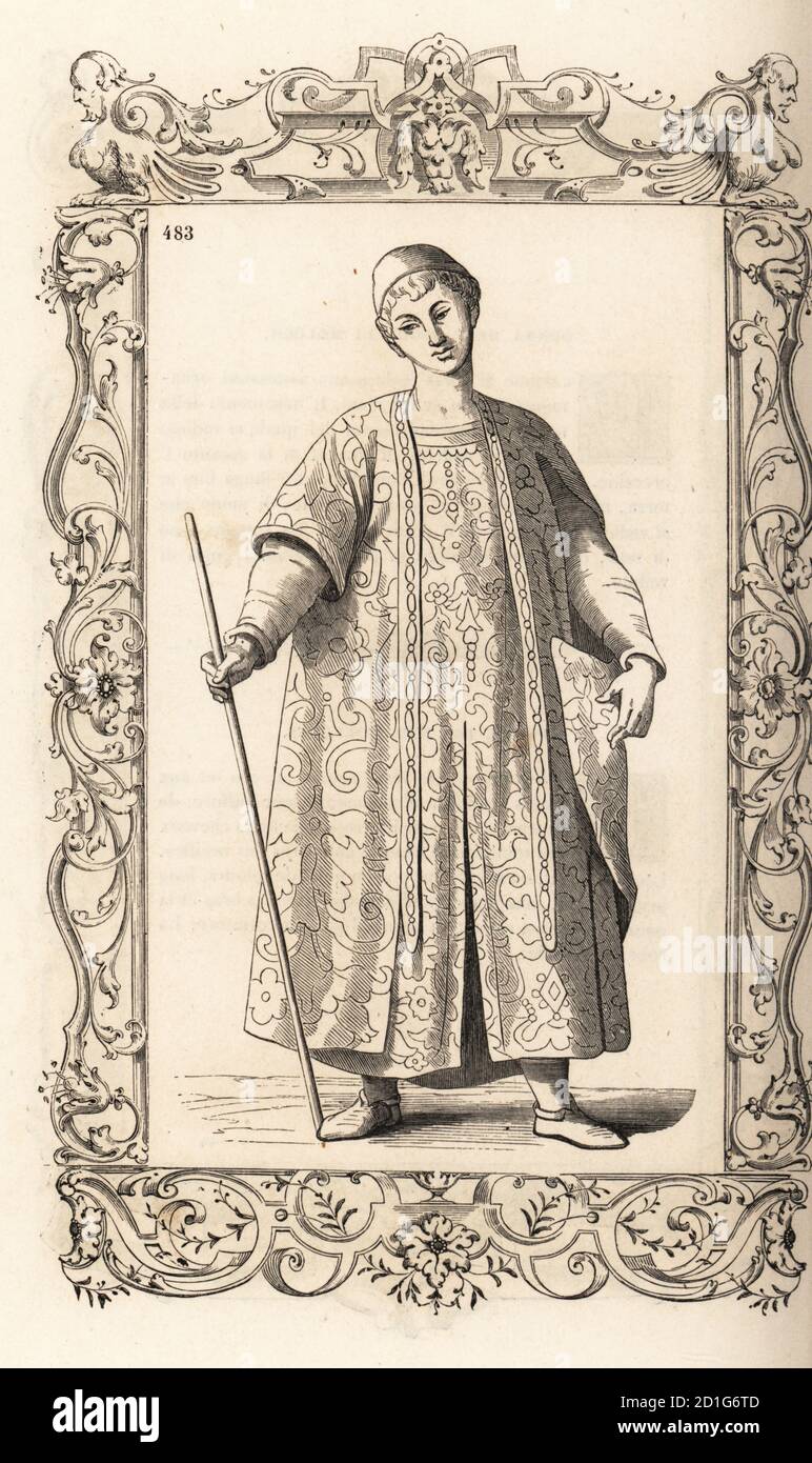 Jeune homme du Japon, XVIe siècle. Il porte des larges braies ou un pantalon  en soie, une robe en velours et est armé de scimitar et de poignard. June  Japonais. Dans un