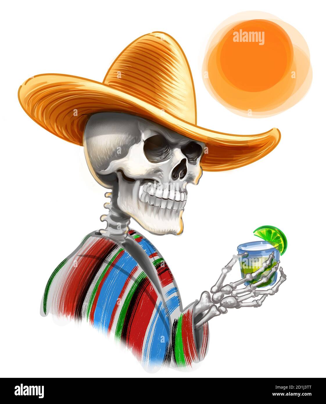 Squelette dans un chapeau mexicain buvant de la tequila à la chaux. Illustration numérique Banque D'Images