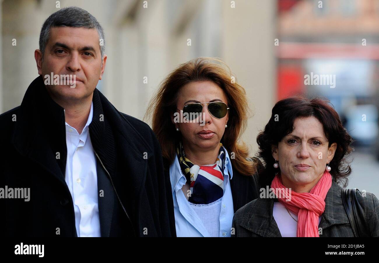 Guy Bonomo (L), father of murdered French student Laurent Bonomo, Francoise  Villemont (R), mother of murdered French student Gabriel Ferez and Magoydi  Giovanni arrive at the Old Bailey in London April 24,