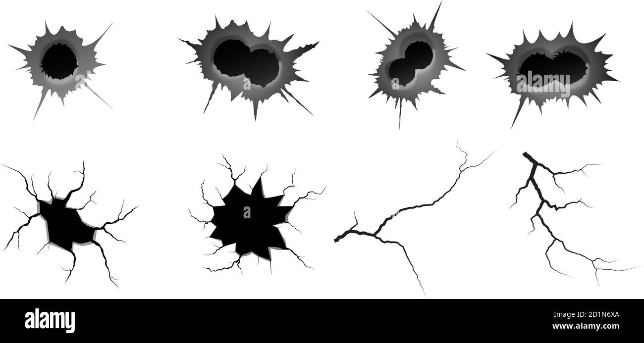 Jeu de trous de balle et de fissures de masse. Trou cylindrique simple et double en métal, effet de dommage. Tremblement de terre et fissures de terre, craquelure et texture de mur endommagée. Illustrations vectorielles pour les sujets tremblement de terre, accident, destruction Illustration de Vecteur