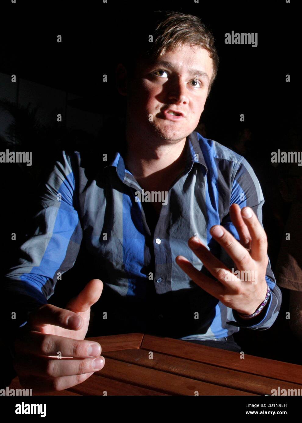 Singer of British band Keane, Tom Chaplin, speaks during an interview at  Summer Sonic 2009 music festival in Chiba, east of Tokyo August 9, 2009. An  earthquake and typhoon rains failed to