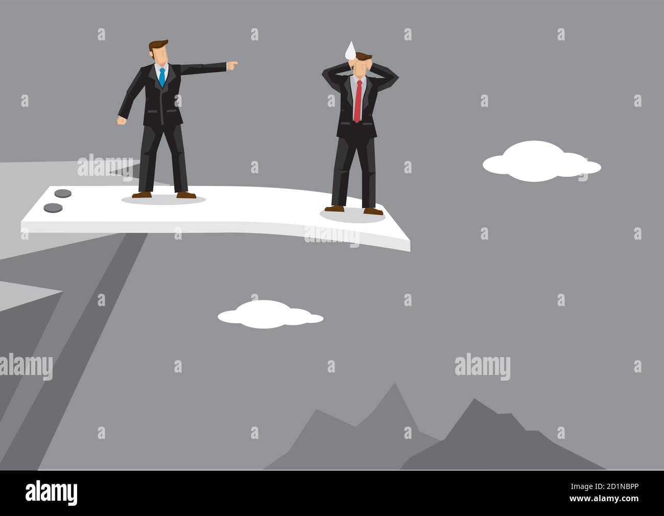 Un employé stressé se tenant au bord du tremplin sur la falaise de montagne et un employeur lui demandant d'aller plus loin. Illustration vectorielle créative sur la métaphore pour Illustration de Vecteur