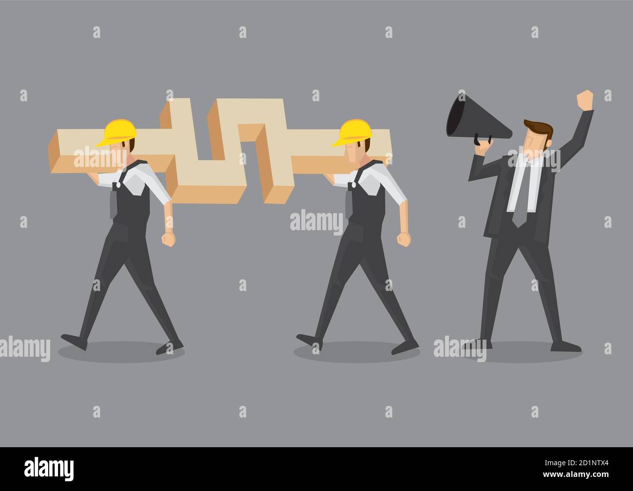 Homme d'affaires utilisant un mégaphone pour donner des ordres aux ouvriers du bâtiment portant un énorme symbole de dollar sur leurs épaules. Illustration vectorielle conceptuelle Illustration de Vecteur