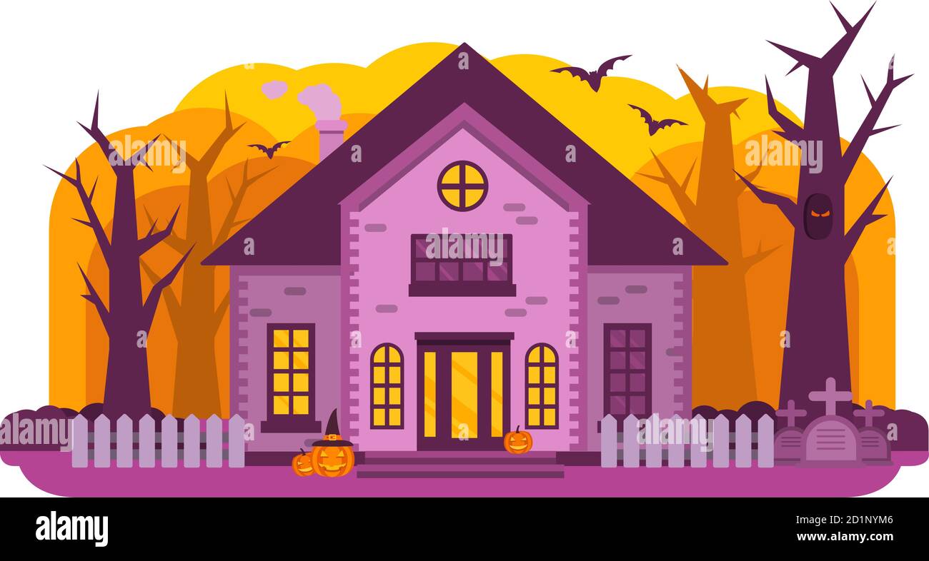 Halloween hanté maison.Old cimetière gravestone.Spoks et potiron,bat.Horror Story.Night bannière. Illustration de Vecteur