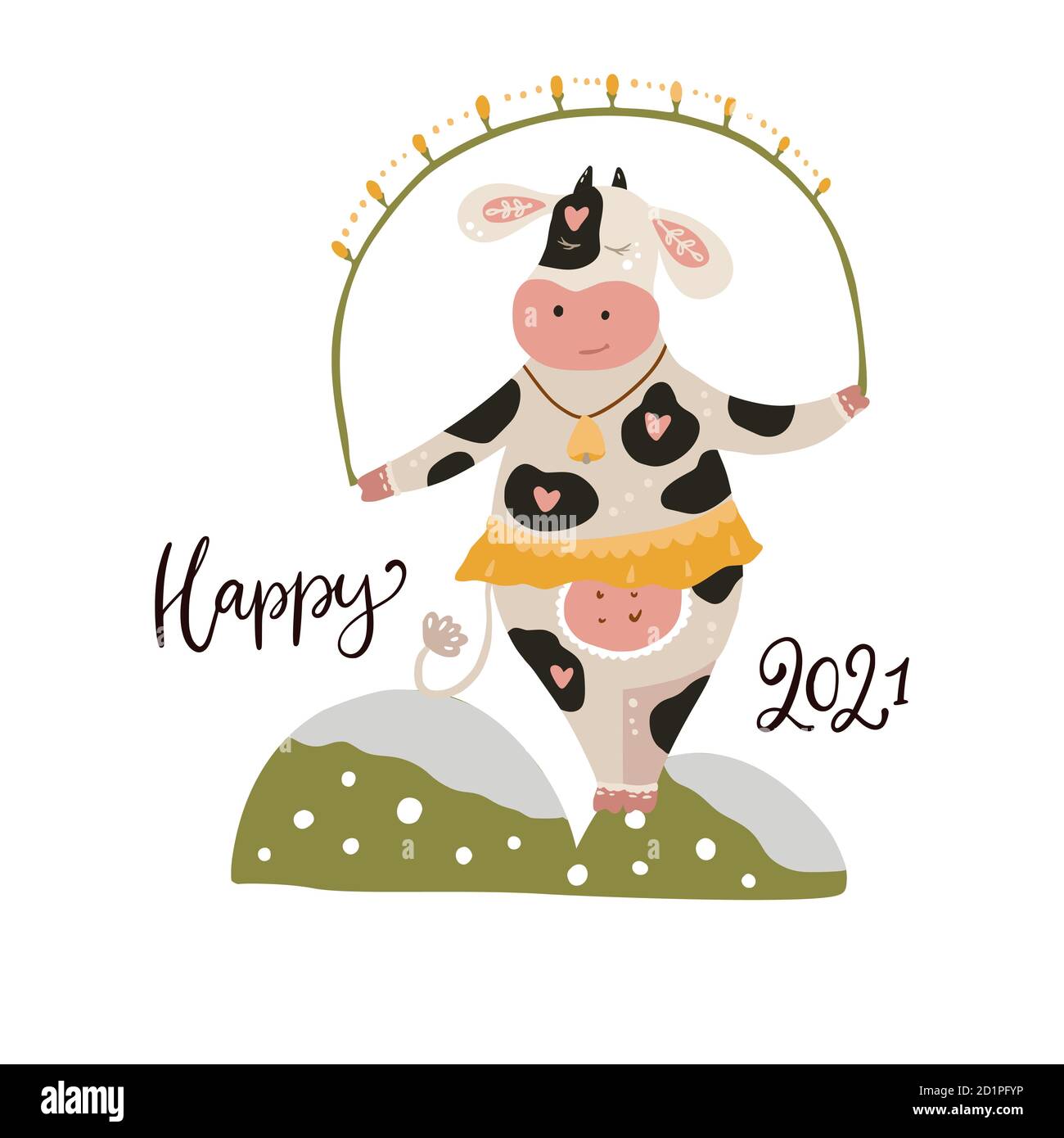 Noël mignon dessin animé vache. Poster vectoriel avec lettrage dessiné à la main - Happy 2021. Imprimé animal et vêtement blanc. Affiche du nouvel an. Illustration de Vecteur