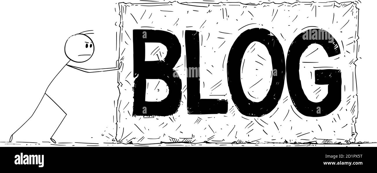 Vecteur bande dessinée figure dessin illustration de l'homme ou de blogger poussant grand morceau de rock ou de pierre avec le texte de blog sur elle. Illustration de Vecteur