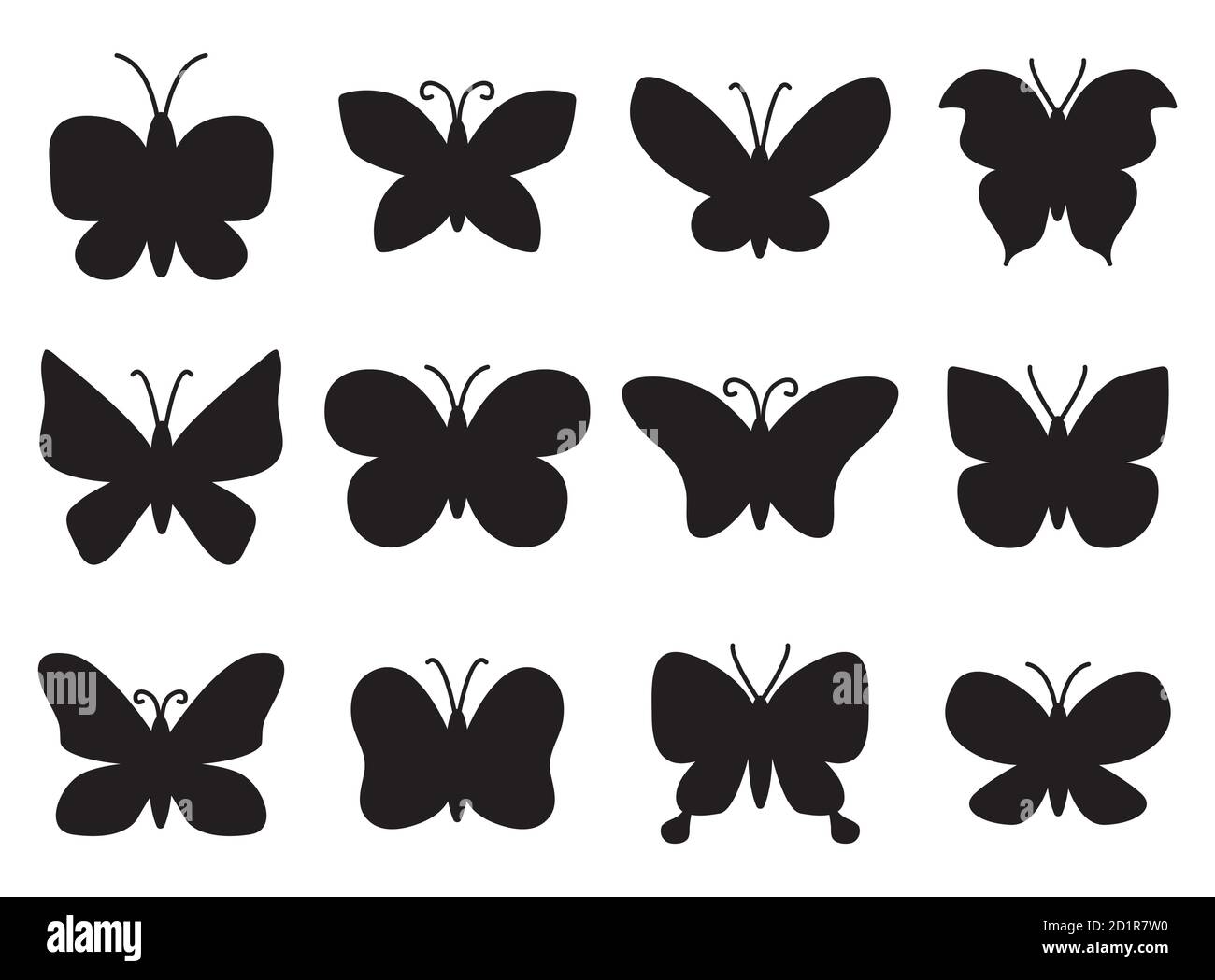 Ensemble de silhouettes papillons dessinées à la main. Peut être utilisé comme éléments de conception pour les imprimés de fille d'enfants, les éléments d'arrière-plan fantaisie, la décoration d'esquisse de tatouage. Illustration de Vecteur