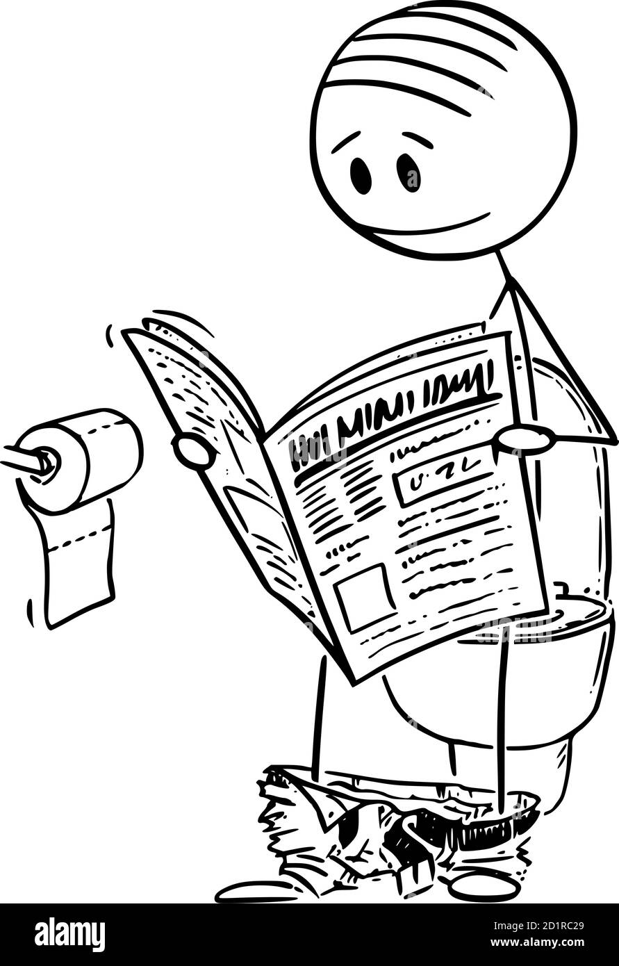 Dessin vectoriel de bâton de dessin dessin illustration conceptuelle de l'homme assis sur un lavabo de toilette dans les toilettes, toilettes ou salle de bains et de la lecture de journaux. Illustration de Vecteur