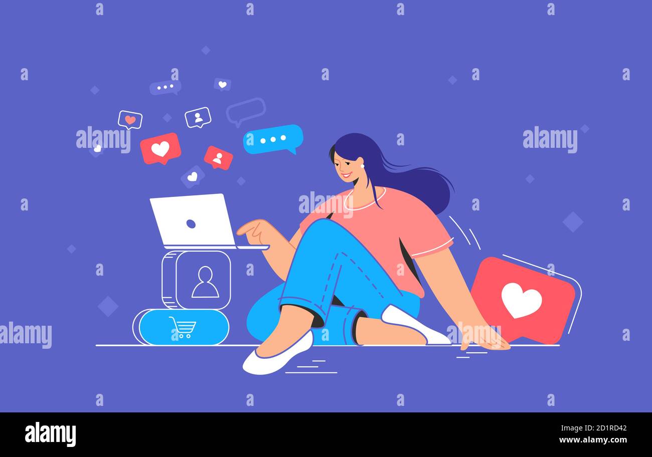 Dépendance aux médias sociaux et temps passé. Illustration de concept de vecteur plat de femme souriante assise sur le sol avec ordinateur portable et de réseaux de navigation pour Illustration de Vecteur