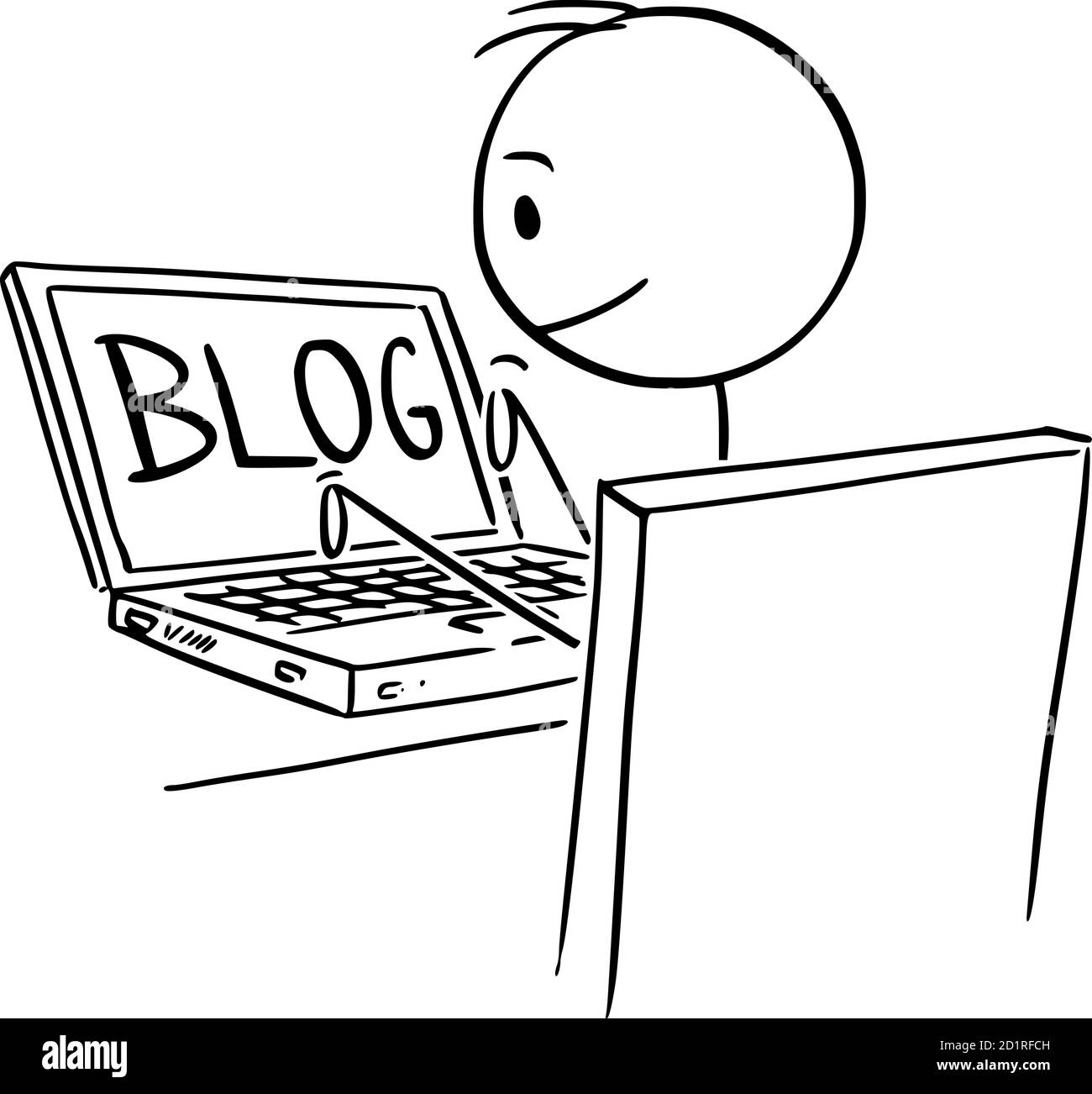 Vecteur bande dessinée figure dessin illustration conceptuelle de l'homme ou blogueur dactylographiant ou écrivant blog sur ordinateur portable. Illustration de Vecteur