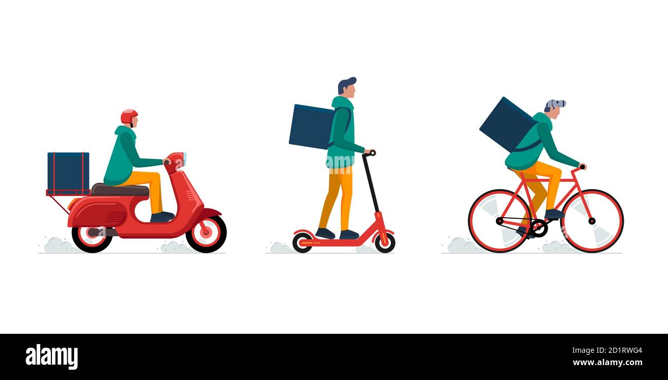 Ensemble de concept de service de messagerie express. Logistique rapide en ligne mâle sur vélo ou scooter électrique cyclomoteur avec des commandes boîte à colis. Illustration vectorielle plate Illustration de Vecteur