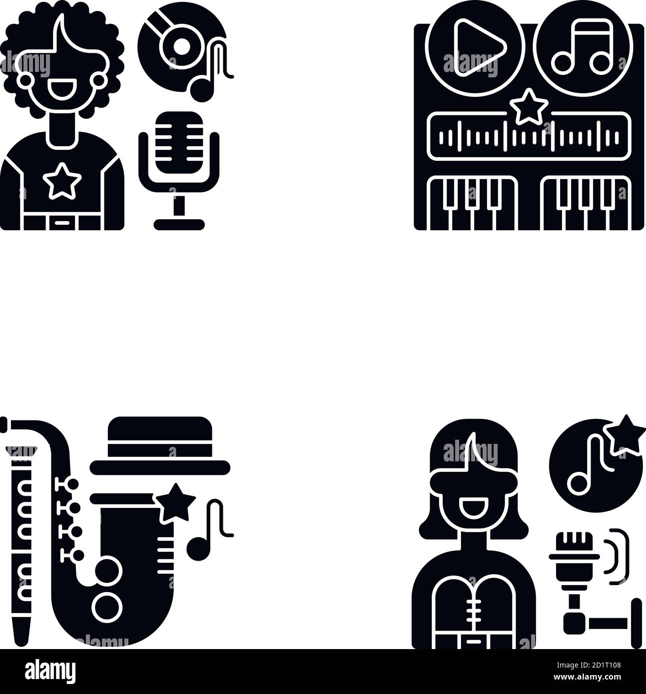 Différents genres de bande-son symboles de glyphe noir définis sur l'espace blanc Illustration de Vecteur