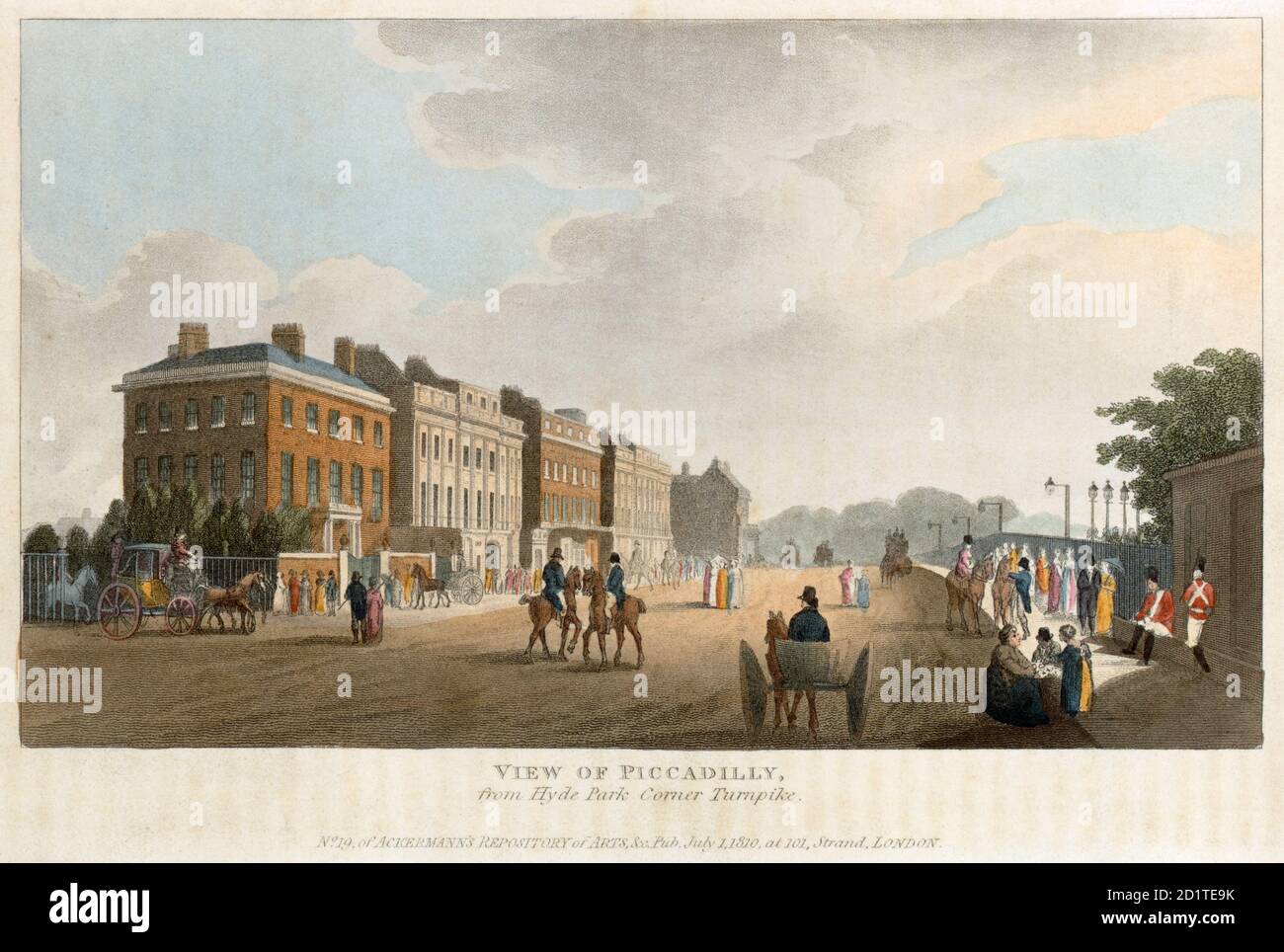 APSLEY HOUSE, Piccadilly, Hyde Park Corner, Londres. 'Vue de Piccadilly depuis Hyde Park Corner Turnpike' en date de 1810. No 19 du référentiel des arts d'Ackermann cette vue montre la maison originale en briques rouges de 1771-8, conçue par Robert Adam. Il a été considérablement agrandi et réaménagé par le duc de Wellington, mais il conserve quelques caractéristiques d'Adam à l'intérieur. COLLECTION MAYSON BEETON Banque D'Images