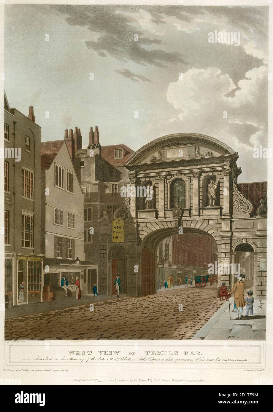 COLLECTION MAYSON BEETON. Temple Bar, ville de Londres. 'Vue ouest de Temple Bar'. Montre en fait le côté Westminster. Cette incarnation de Temple Bar (la porte entre les villes de Londres et Westminster) a été construite par Sir Christopher Wren en 1672. Il a été enlevé en 1878 afin d'élargir la route. Une reconstruction utilisant une grande partie de la pierre d'origine peut maintenant être vue à Paternoster Square. Gravure de couleur datée de 1797. Banque D'Images