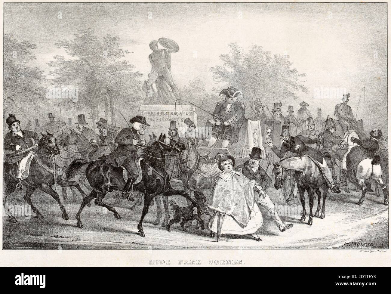 Statue du duc de Wellington, Hyde Park Corner, Westminster, Londres. Caricature datée de 1825 par H Moiner. Montre une statue du duc avec un bouclier dans une posture classique héroïque. De la collection Mayson Beeton. Banque D'Images