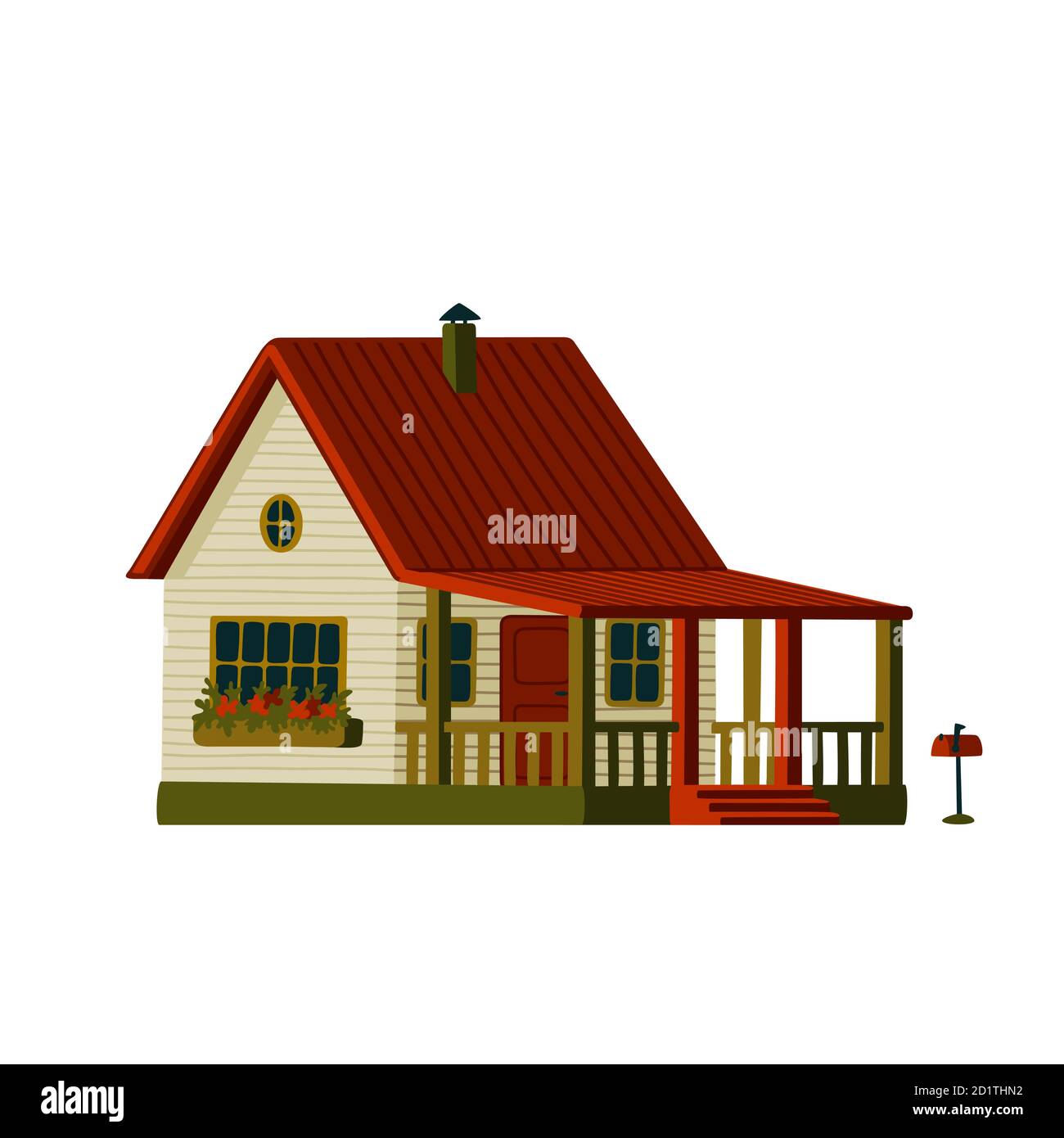 Maison de campagne avec terrasse. Maison blanche en bois de style rustique avec toit rouge Illustration de Vecteur