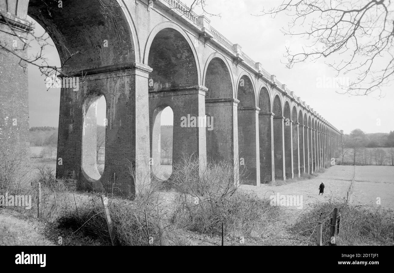 BALCOMBE VIADUCT, West Sussex. Construit en 1841, le Viaduc de Balcombe au-dessus de la rivière Ouse, sur la ligne Londres-Brighton au nord de Haywards Heath, mesure 1,475 mètres de long et est transporté sur 37 arches semi-circulaires avec des trous percés. Partie du chemin de fer de la vallée de l'Ouse. Photographié par Eric de Mare en 1954. Banque D'Images