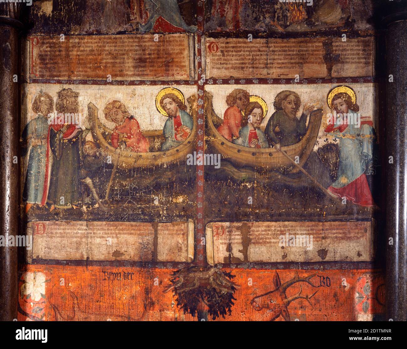 ABBAYE DE WESTMINSTER : MAISON DE CHAPITRE, LONDRES. Peinture murale de l'Apocalypse de Saint Jean. Détail de 'scènes de la vie apocryphe de St John'. De gauche à droite : John a banni, en bateau, à l'île de Patmos. L'arrivée de John à l'île; il est montré deux fois, en route et en atterrissage. Banque D'Images
