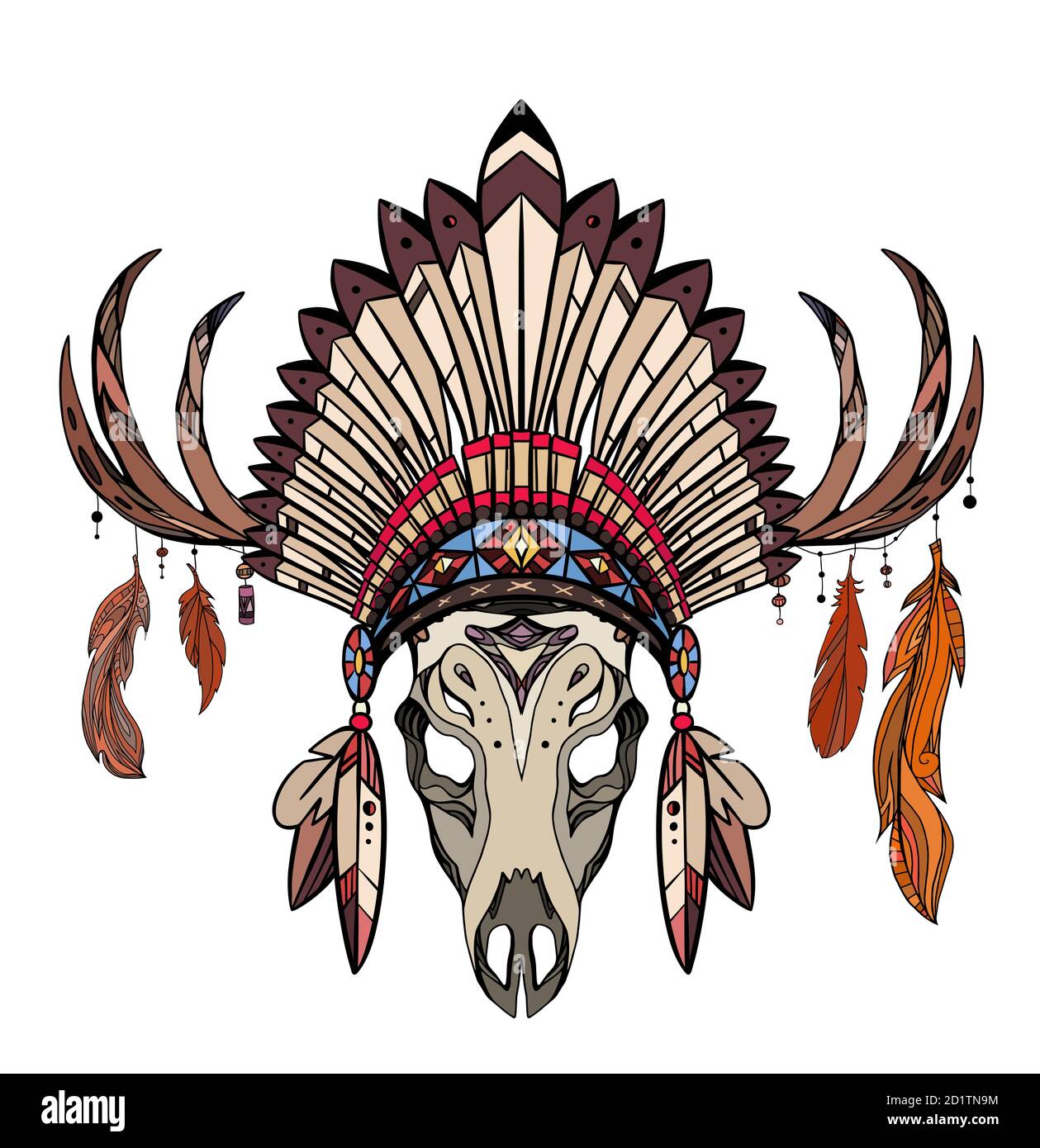 Dessin de couleur du crâne de cerf avec des cornes, chapeau indigène d'Indien avec des plumes et des décorations. Costume tribal. Illustration vectorielle pour l'esquisse du tatouage Illustration de Vecteur