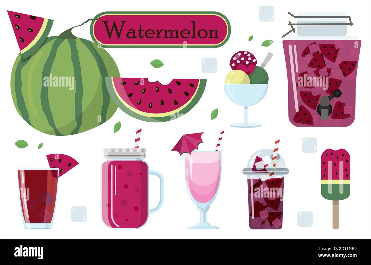 Ensemble d'illustrations vectorielles de la pastèque et de la nourriture de celle-ci. Smoothie au melon d'eau, cocktail, crème glacée sur un bâton, boules de crème glacée, cocktail alcoolisé, milkshake. Une série d'images pour la journée mondiale de la pastèque en août. Kit pour la création d'illustrations estivales. Illustration de Vecteur