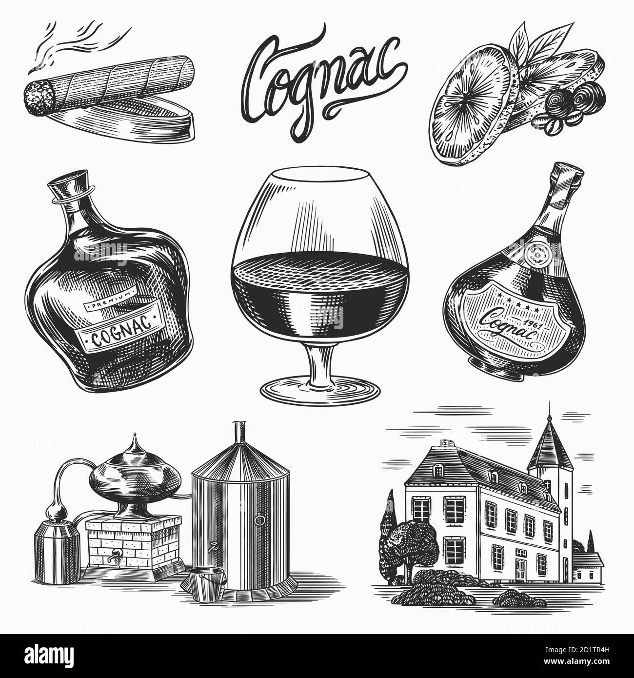 Cognac et verre. Bouteilles avec étiquettes, cigare et cocktail, bonbons et ferme, chocolat et homme. Dessin vintage gravé à la main. Style de coupe de bois Illustration de Vecteur