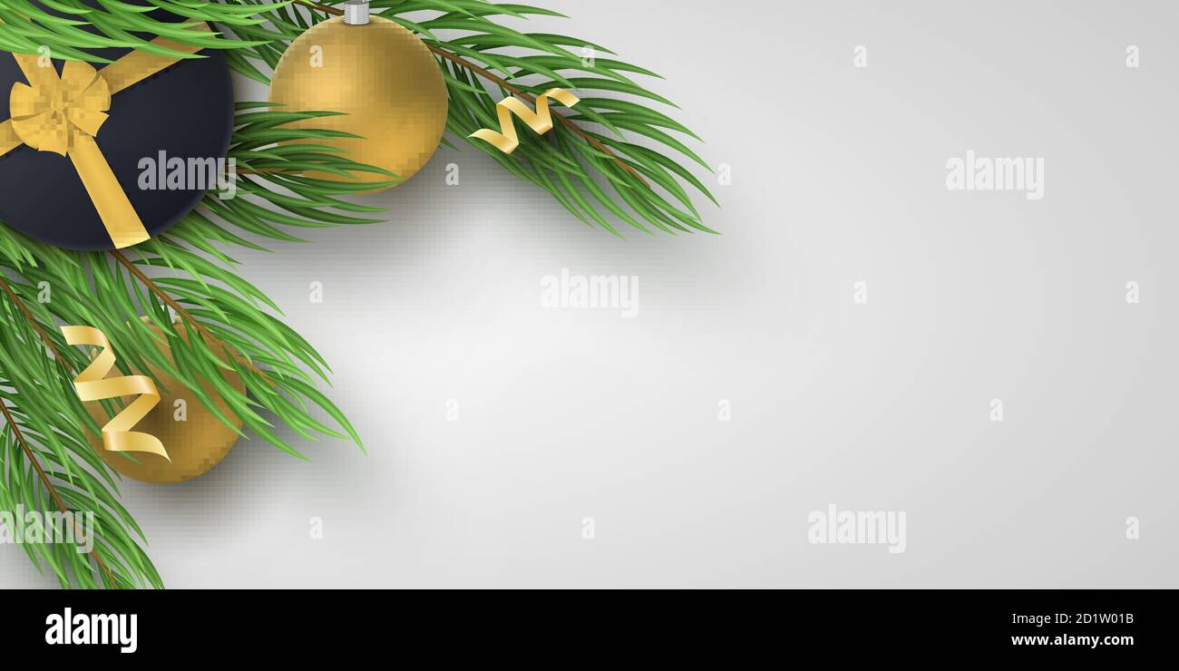 Modèle de Noël. Sapin, boules dorées festives avec boîte cadeau noire et ruban. Carte de vœux. Illustration vectorielle. SPE 10 Illustration de Vecteur
