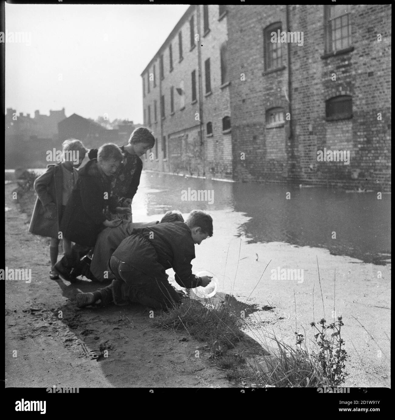 Un groupe d'enfants utilisant un bol de poisson rouge pour pêcher dans le canal de Caldon, en face de l'Eastwood Sanitary Ware Works. Banque D'Images