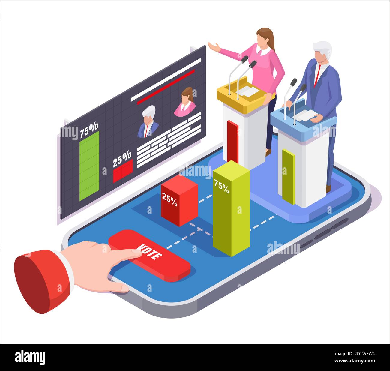 Technologie de vote en ligne pour les élections présidentielles. Votez sur l'illustration vectorielle du concept de téléphone mobile dans un style isométrique. Débat politique et démocratie Illustration de Vecteur