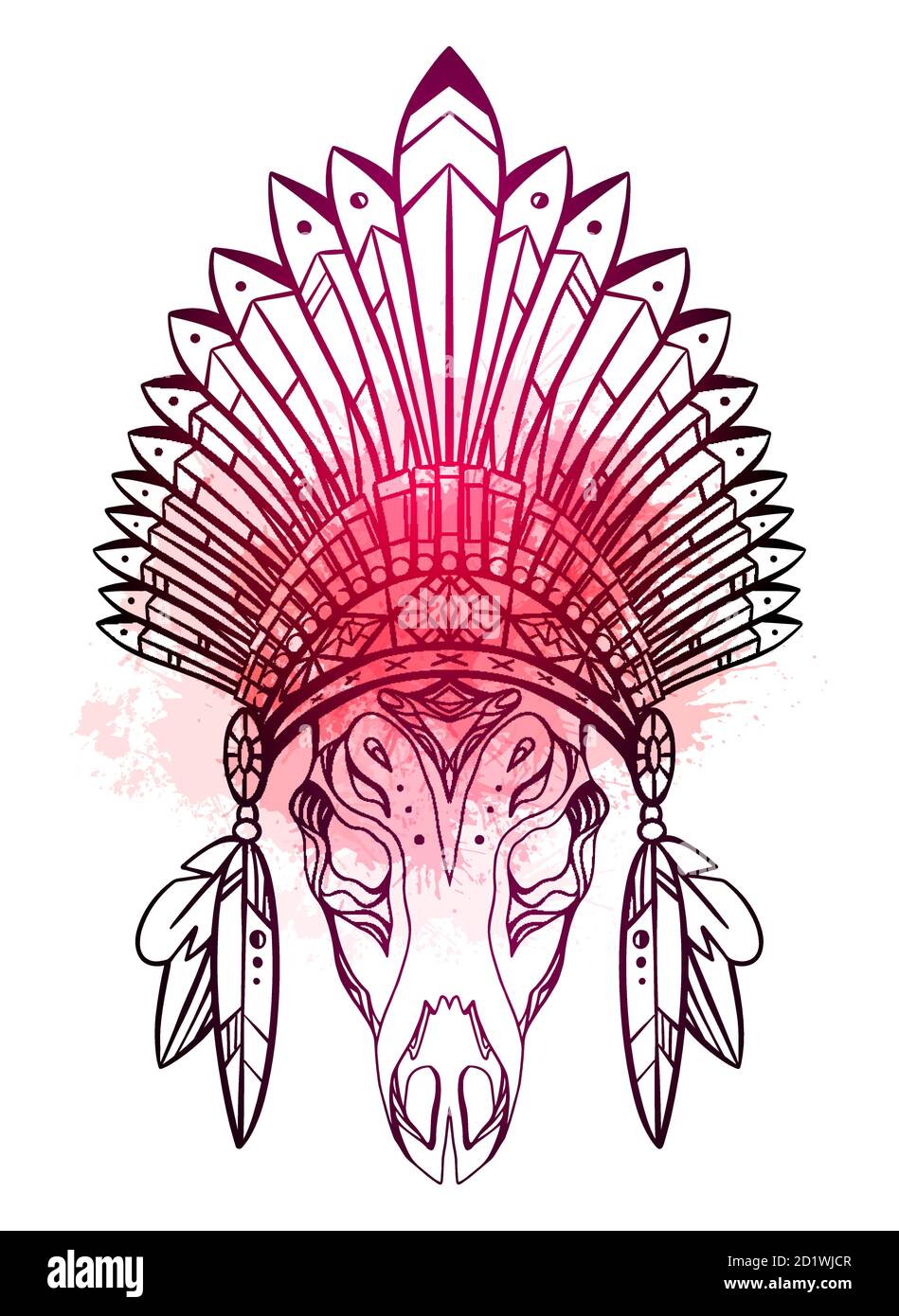 Dessin du crâne de cerf avec la calotte indigène de l'Indien avec des plumes, des décorations et des éclaboussures d'aquarelle rouge. Costume tribal. Illustration vectorielle pour l'esquisse Illustration de Vecteur