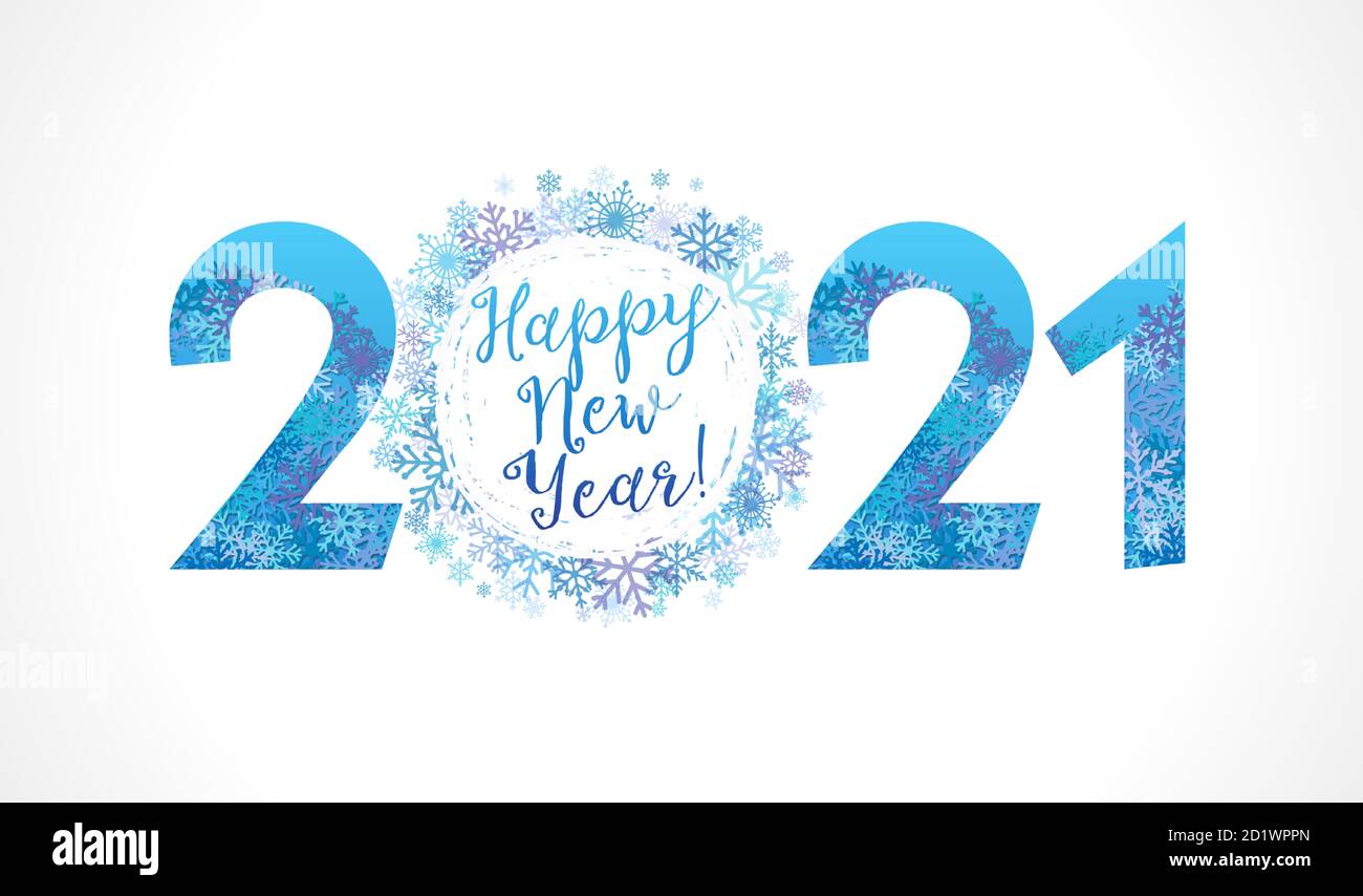 2021 boules de neige blanches et lettres « Happy Year ». Inscription et texte de bienvenue 20 et 21, illustration vectorielle pour la bannière de Noël ou le message d'accueil Illustration de Vecteur