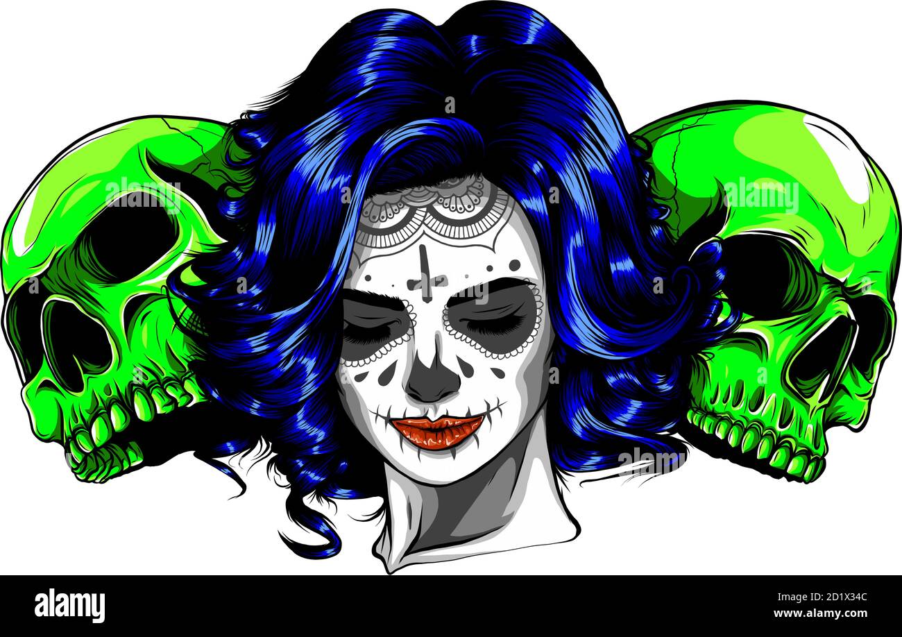 Fille morte avec deux crânes de sucre. Vecteur Illustration de Vecteur