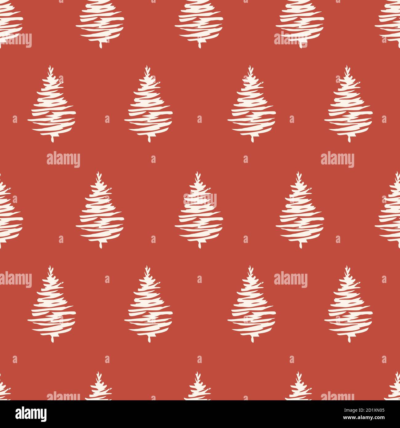 Arbres de Noël rouges motifs sans couture. Forêt verte avec pins, illustration vectorielle sans fin dessinée à la main pour le tissu et l'imprimé par sublimation Illustration de Vecteur