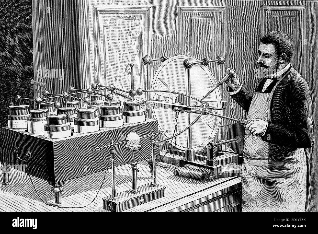 Expérience en électricité : éclairer une orange dans le laboratoire de physique de la Sorbonne. Illustration ancienne. 1894. Banque D'Images