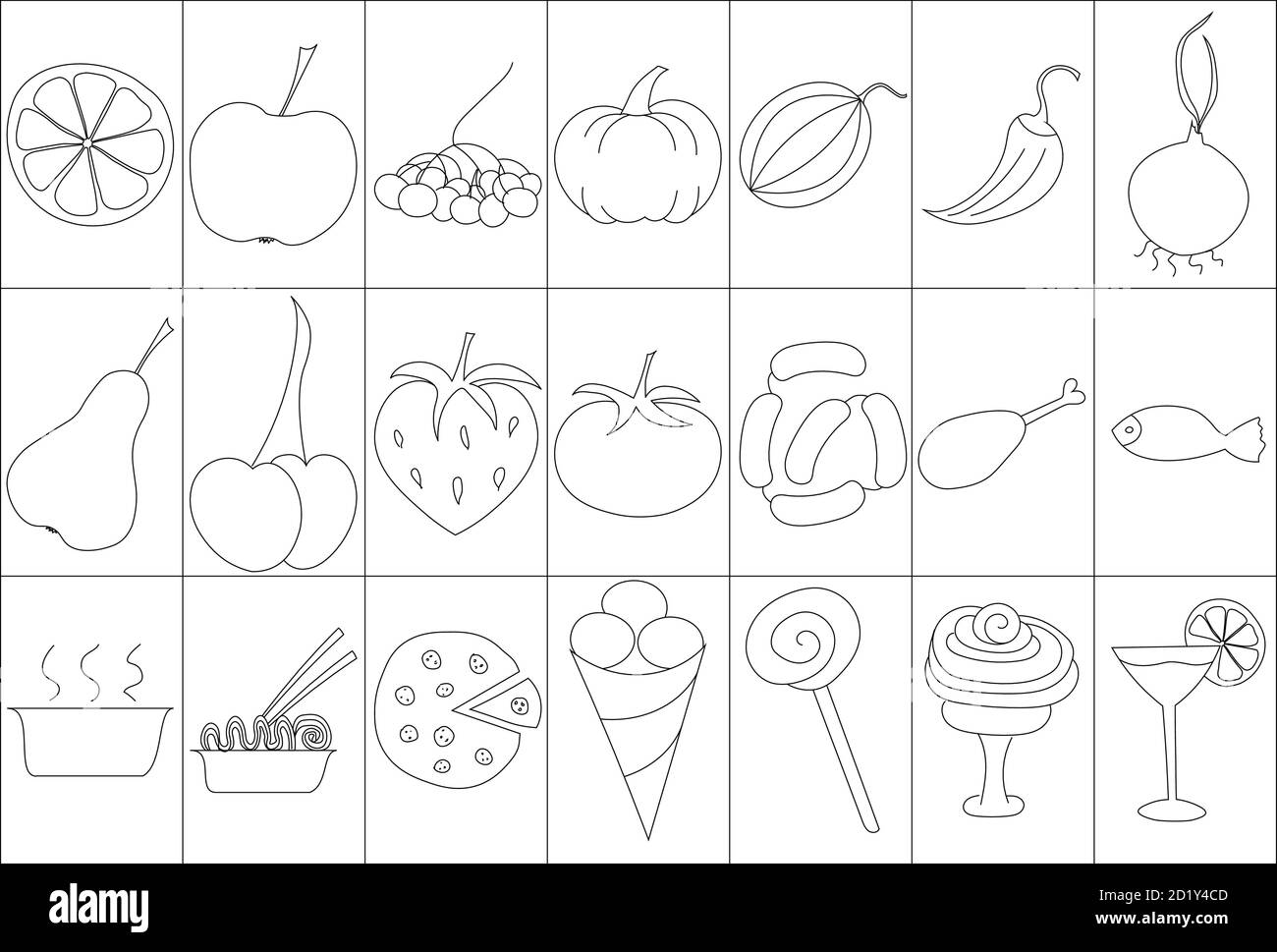 Ensemble d'icônes avec nourriture, plats, fruits et légumes Illustration de Vecteur