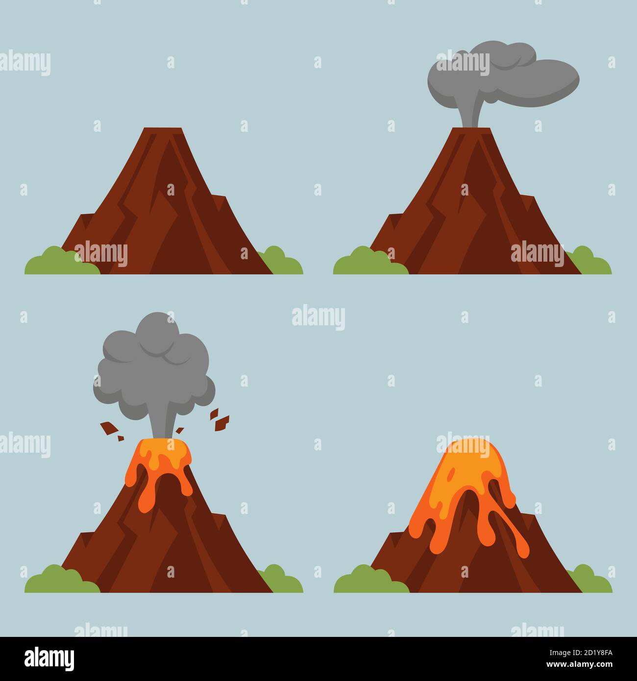Ensemble de volcans de différents degrés d'éruption. Illustration de style plat avec objets isolés. Illustration de Vecteur