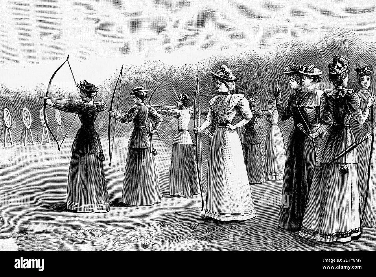 Exercices de tir à l'arc par les Dames de la Royal Toxophilite Society, Angleterre. Illustration ancienne. 1894. Banque D'Images