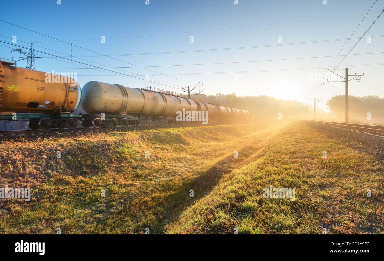 Train de marchandises en mouvement dans le brouillard au lever du soleil en automne. Industriel Banque D'Images