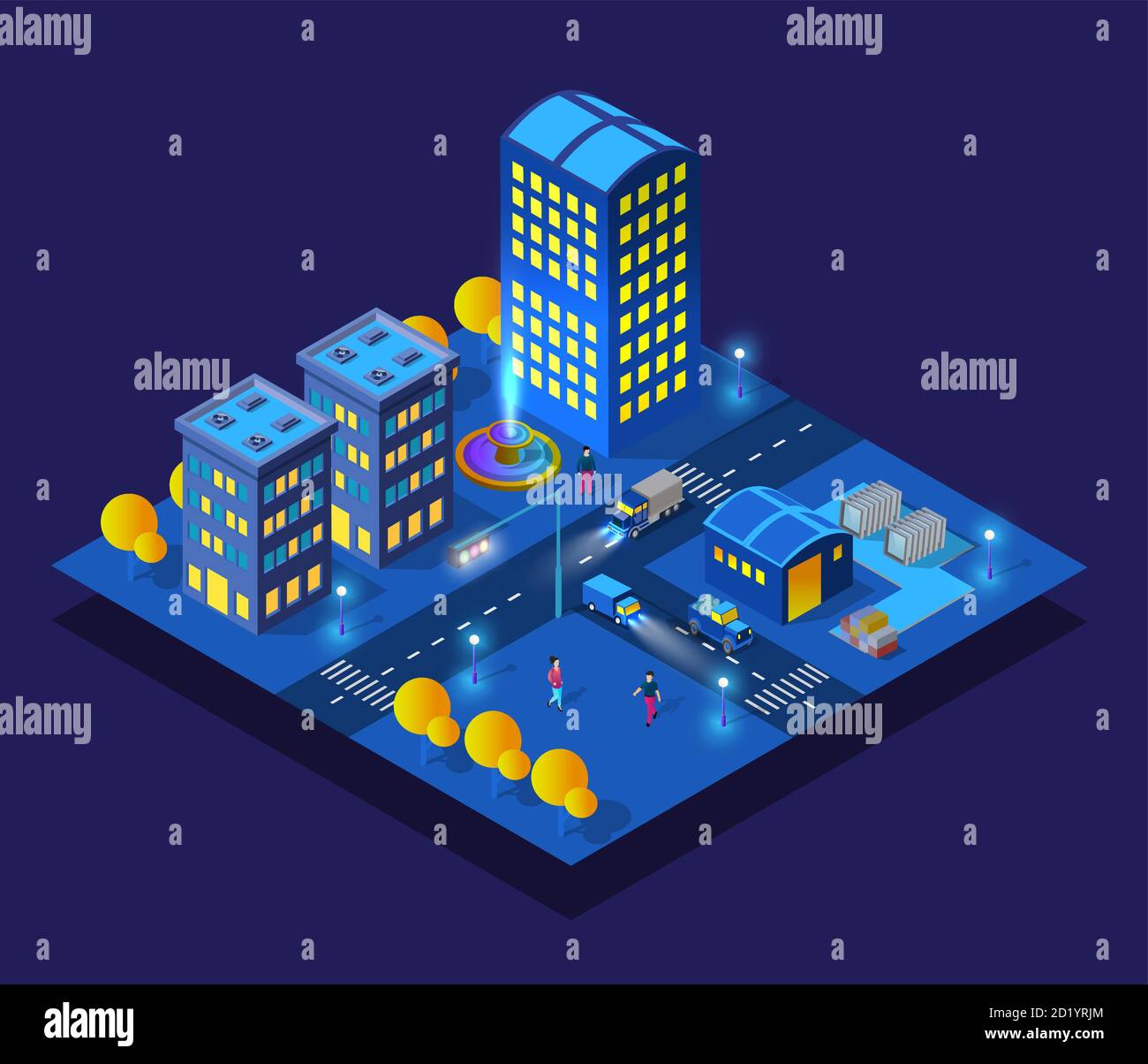 Smart ville nuit néon ultraviolet ensemble de maisons de bâtiments Illustration de Vecteur
