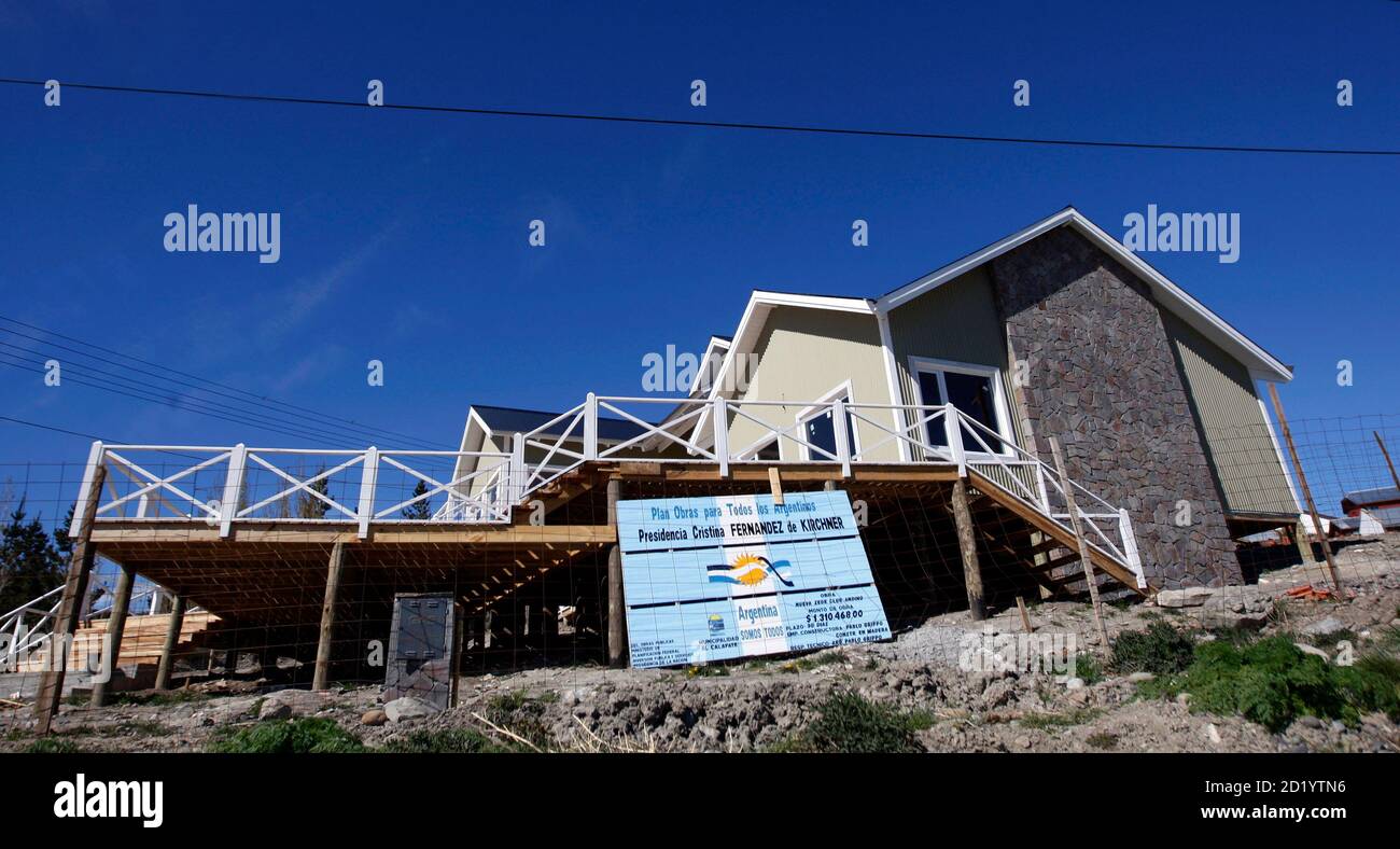 The new Andino Club is seen under construction, with a sign announcing that  the works are financed by Argentine President Cristina Fernandez de  Kirchner's administration, in El Calafate, in the Patagonian province