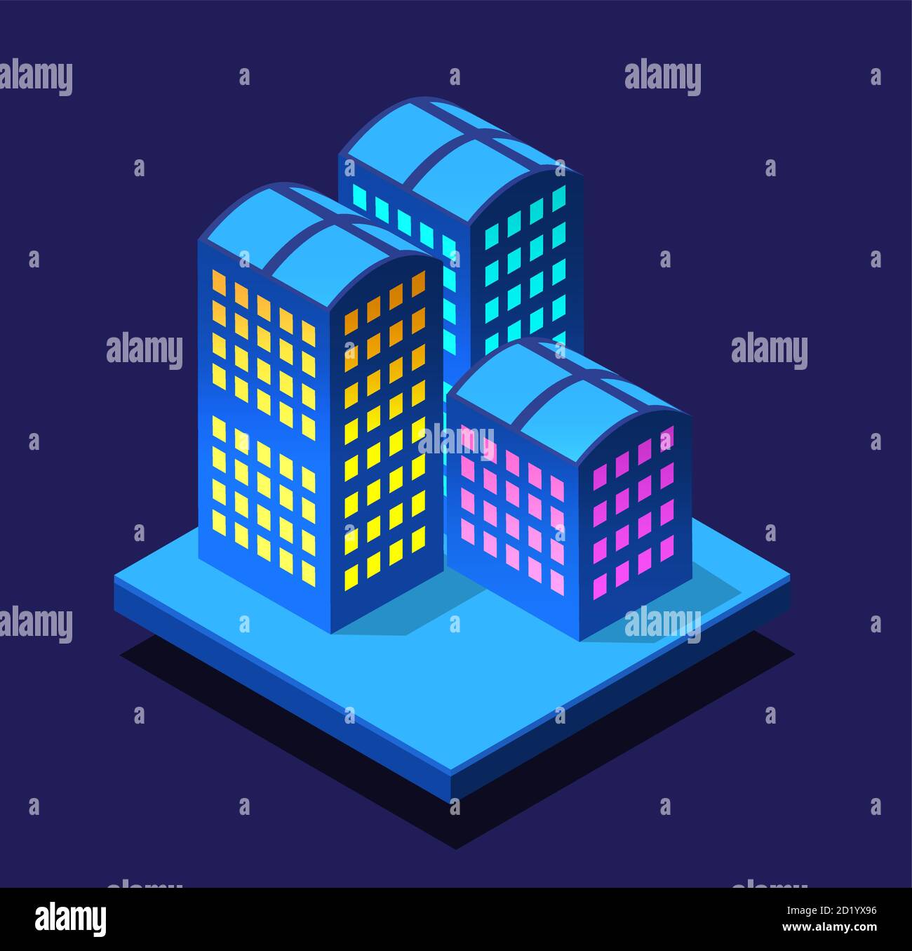 Ville intelligente nuit néon ultraviolet de bâtiments isométriques maisons avec des rues. Illustration de Vecteur
