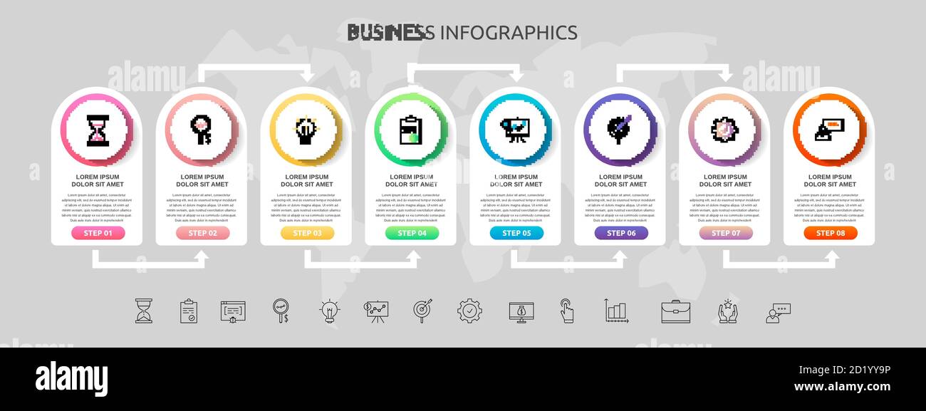 Modèle d'infographie vectoriel cercles pour huit icônes, diagramme, graphique, présentation. Business concept avec 8 options. Pour le contenu, les étapes, le flux de travail Illustration de Vecteur