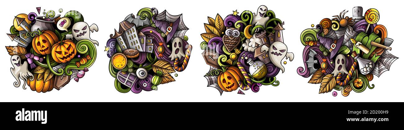Ensemble de motifs de dessin animé pour Halloween. Illustration de Vecteur